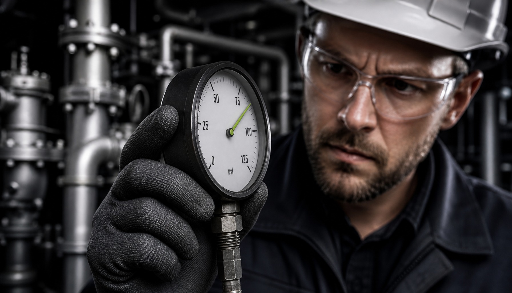 Technician inspecting an analog pressure gauge during calibration in an industrial plant