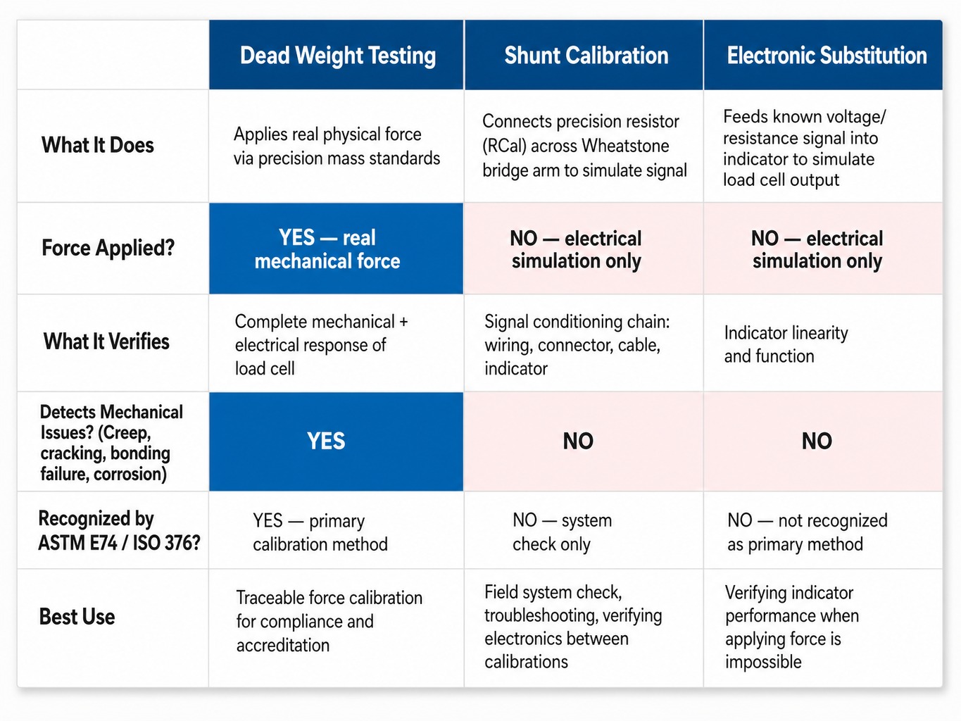 Comparison table of dead weight, shunt, and electronic calibration methods for load cells