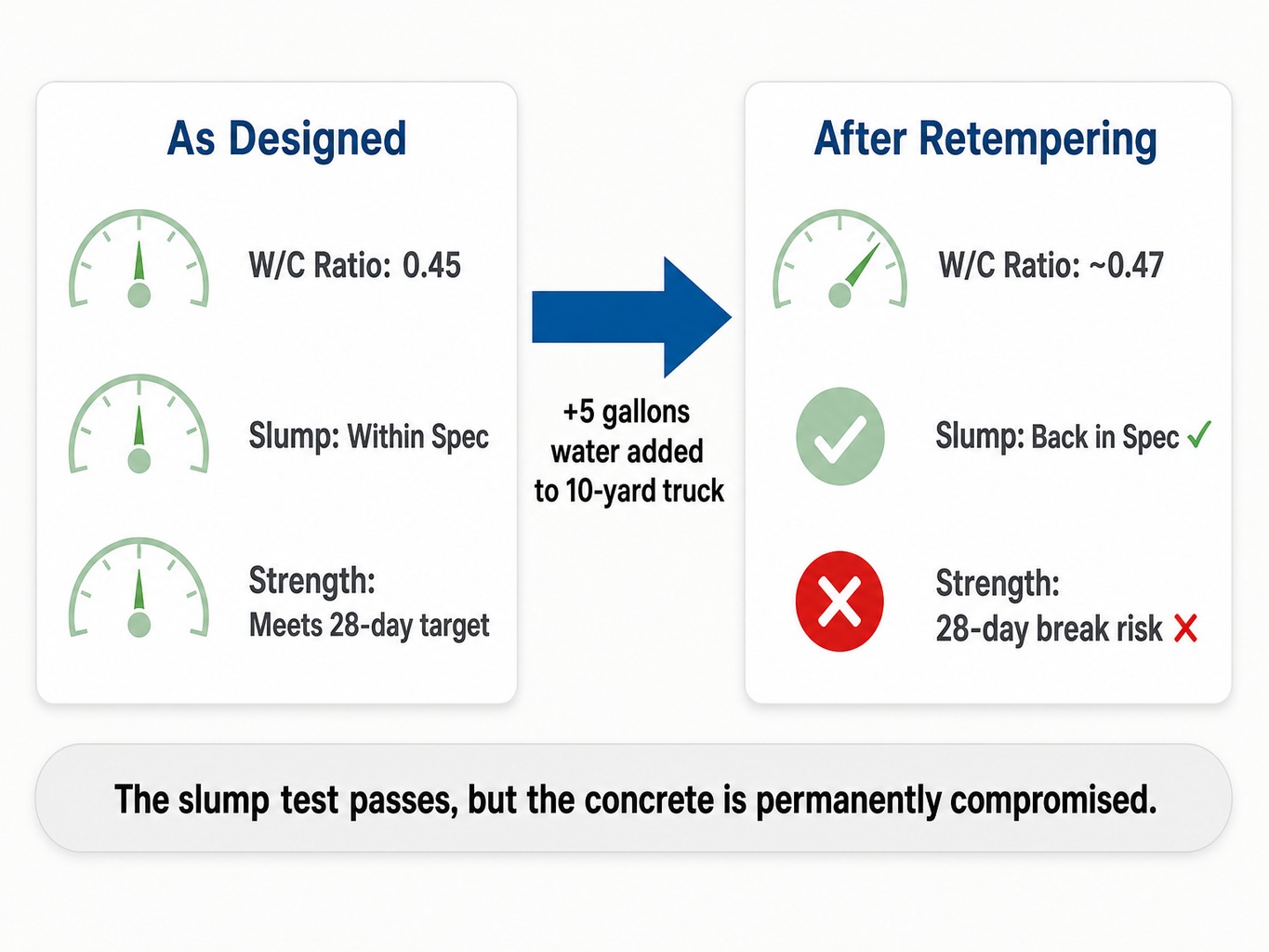 Worked example showing how retempering changes water-cement ratio during concrete slump testing