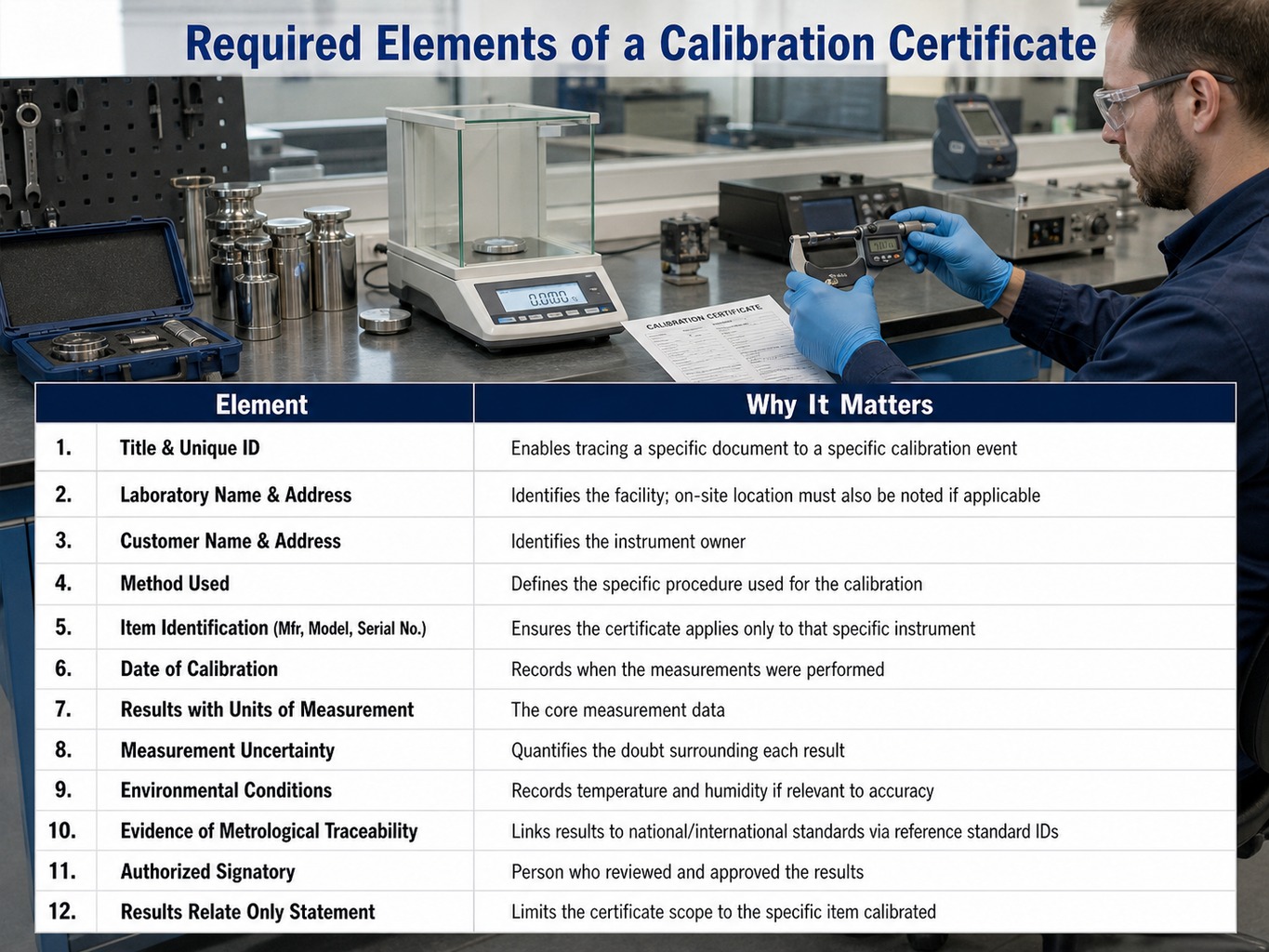 Checklist of 12 required elements on a calibration certificate under ISO/IEC 17025