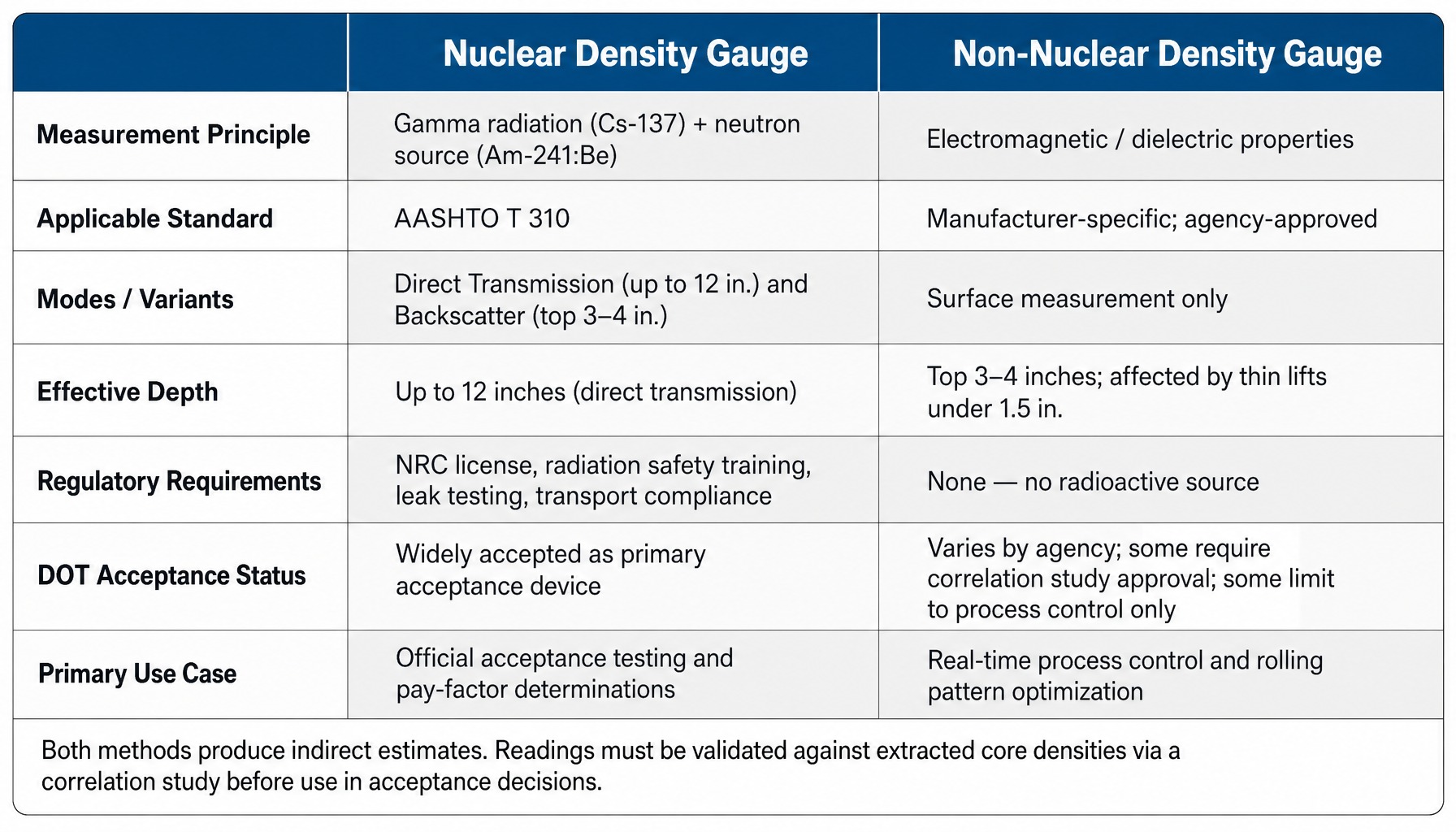 Comparison table of nuclear and non-nuclear asphalt density testing methods across seven criteria