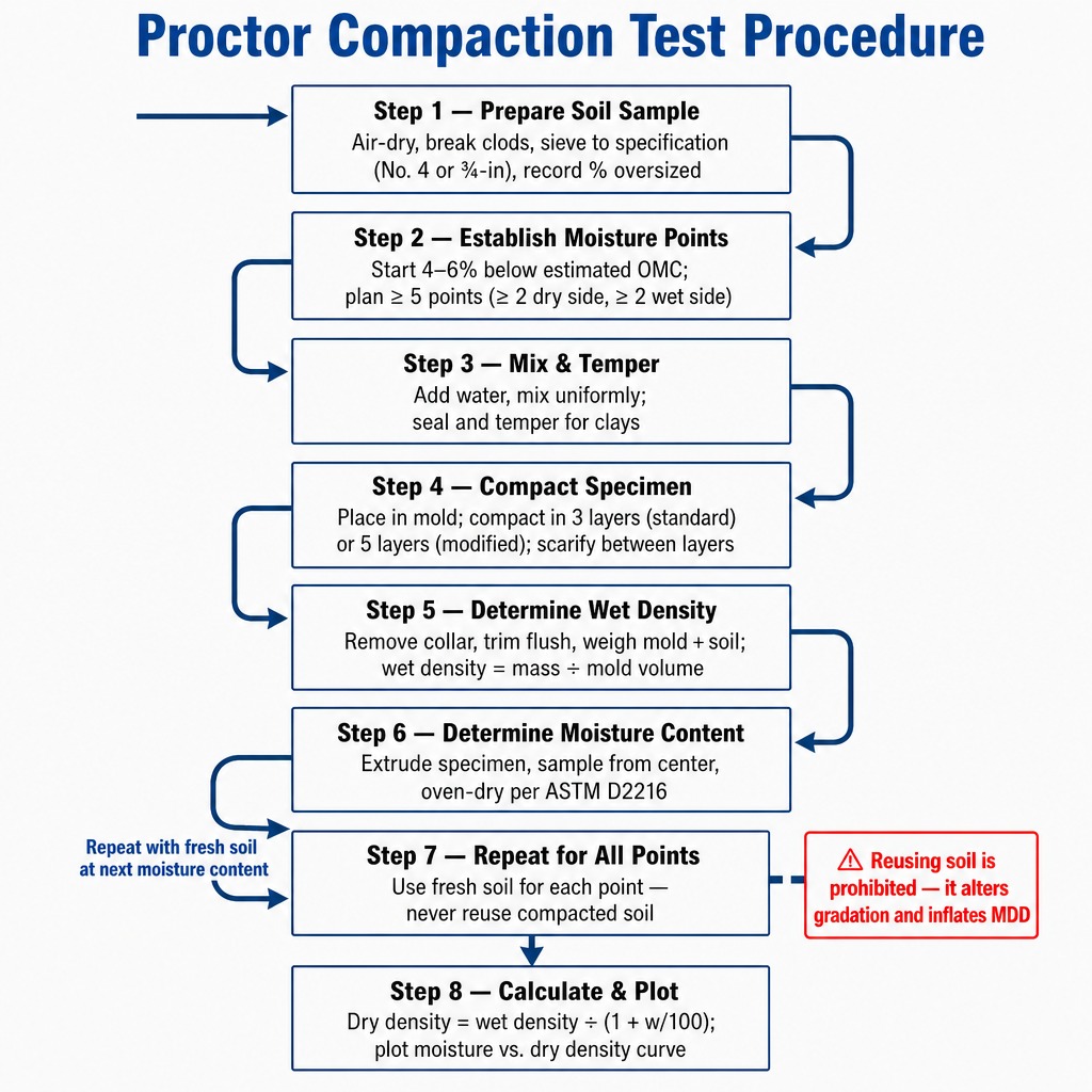 Eight-step process diagram showing how to perform the proctor density test from sample prep to curve plotting