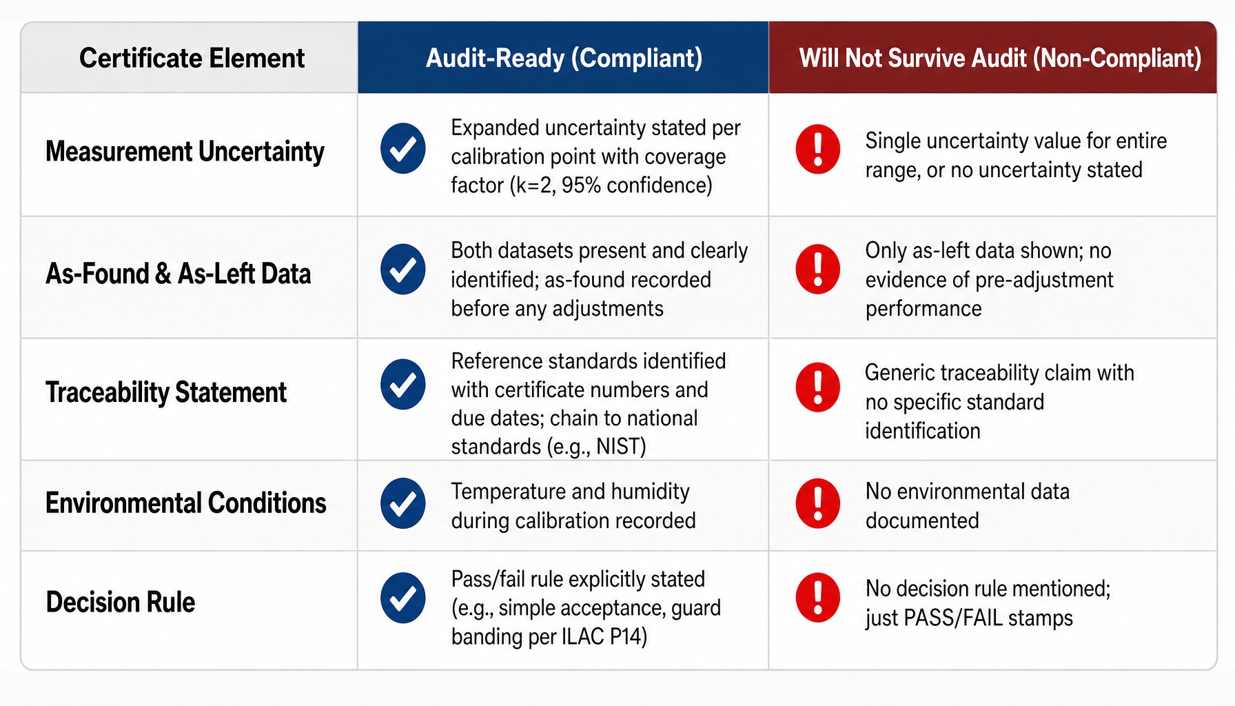 ISO 17025 calibration certificate audit checklist comparing compliant versus non-compliant documentation elements