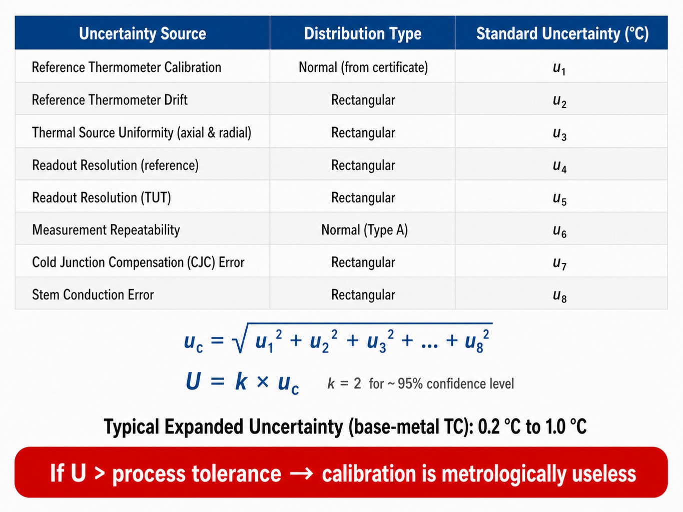 GUM-compliant uncertainty budget table for thermocouple calibration with RSS combination formula