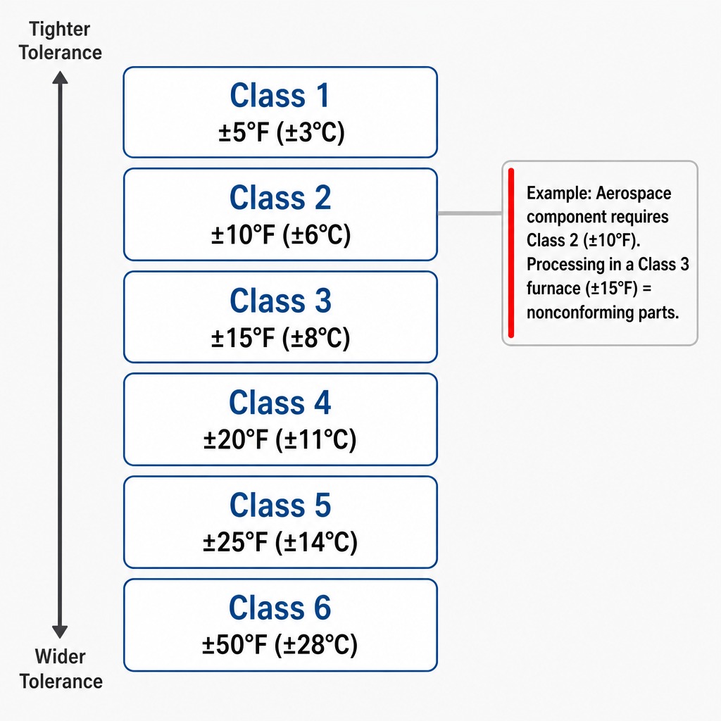 AMS 2750 furnace class tolerance chart showing Classes 1 through 6 with uniformity ranges