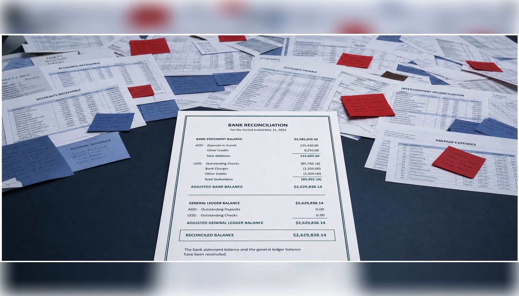 Finance desk showing completed bank rec in foreground with unreconciled balance sheet schedules behind it