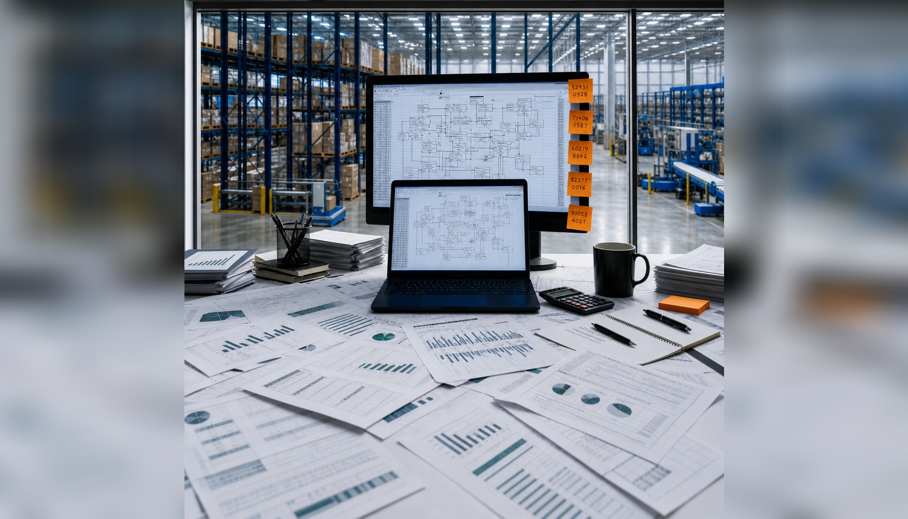 Overwhelmed finance desk with spreadsheets symbolizing a business that has outgrown QuickBooks