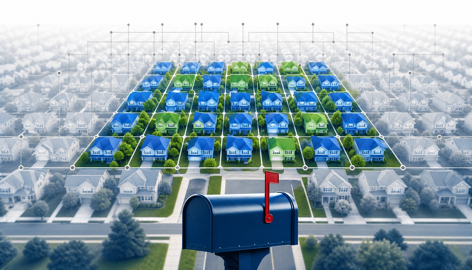 Aerial view of suburban homes with data overlay illustrating real estate farming targeting precision