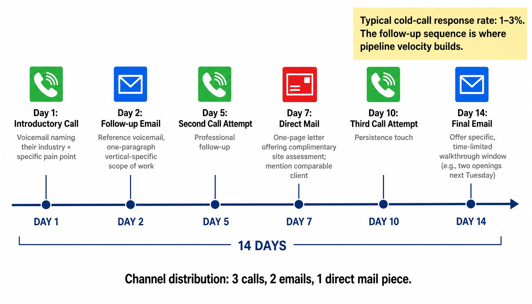 14-day multi-channel outreach sequence for working a commercial cleaning leads list