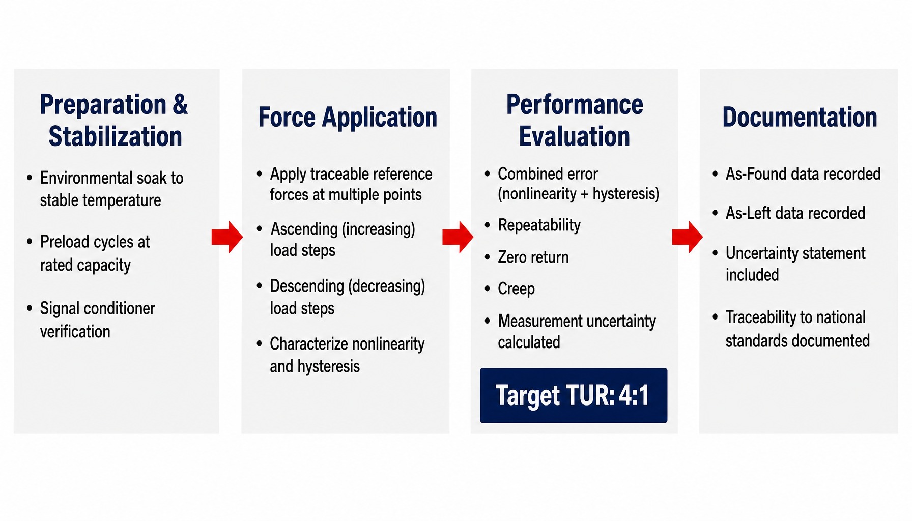 Four-stage process diagram showing how to calibrate a load cell from preparation to documentation