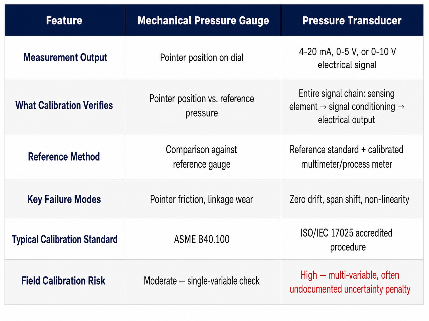 Comparison table showing differences between pressure gauge calibration and pressure transducer calibration
