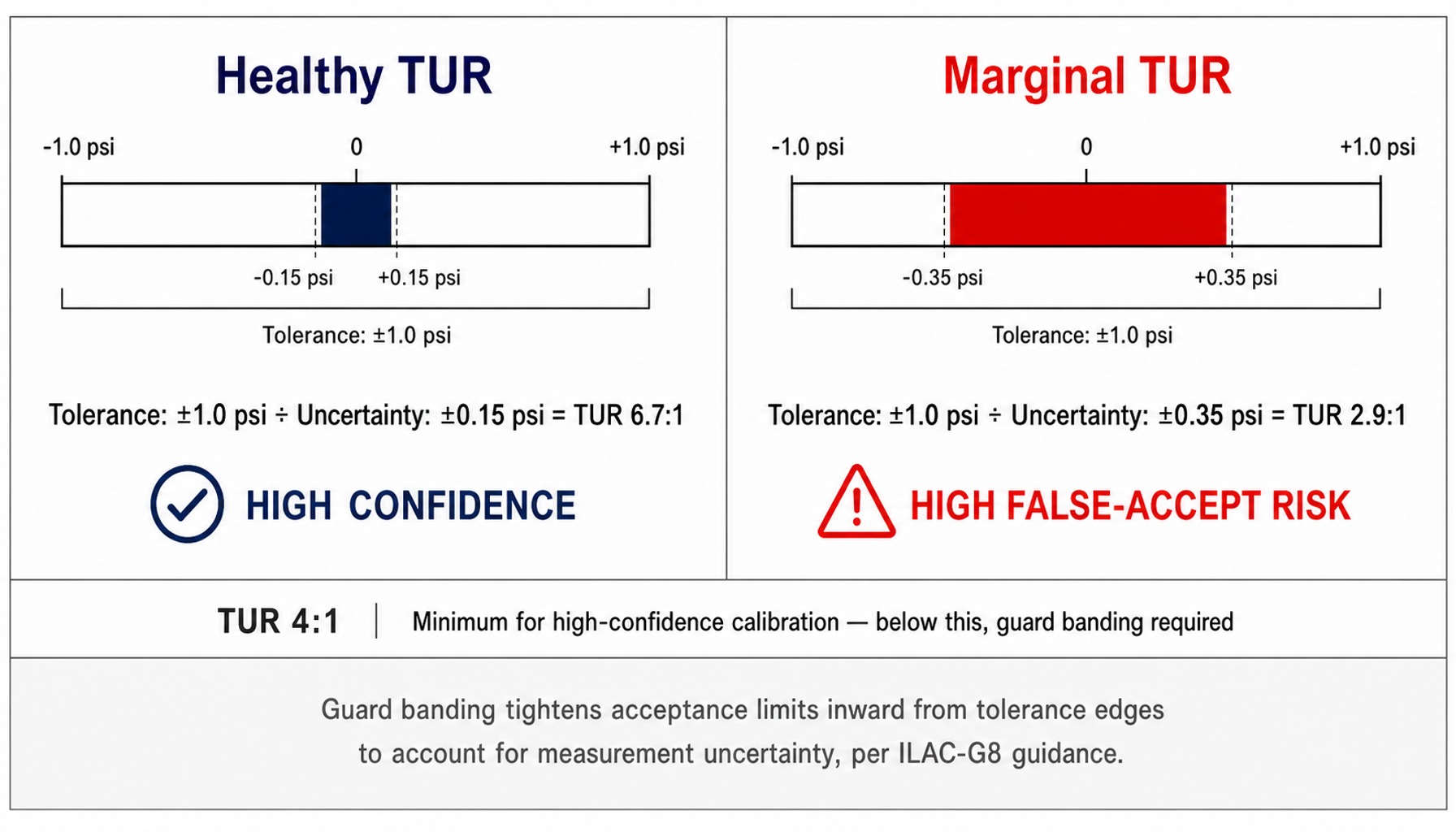Worked example comparing healthy 6.7:1 and marginal 2.9:1 TUR calculations for pressure sensor calibration