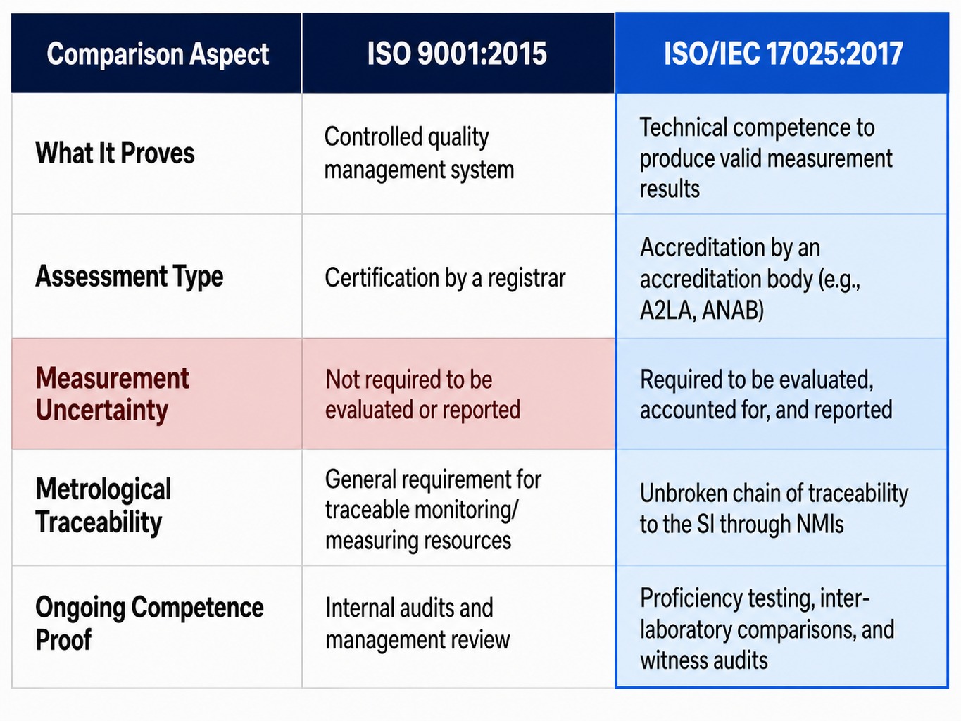 Comparison table showing five key differences between ISO 9001 and ISO/IEC 17025 for calibration