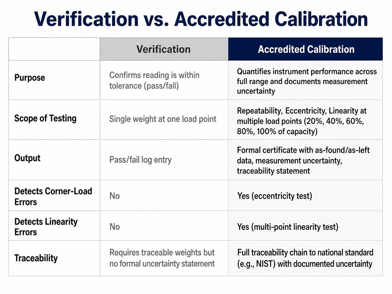 Comparison table showing differences between verification and accredited calibration of scales