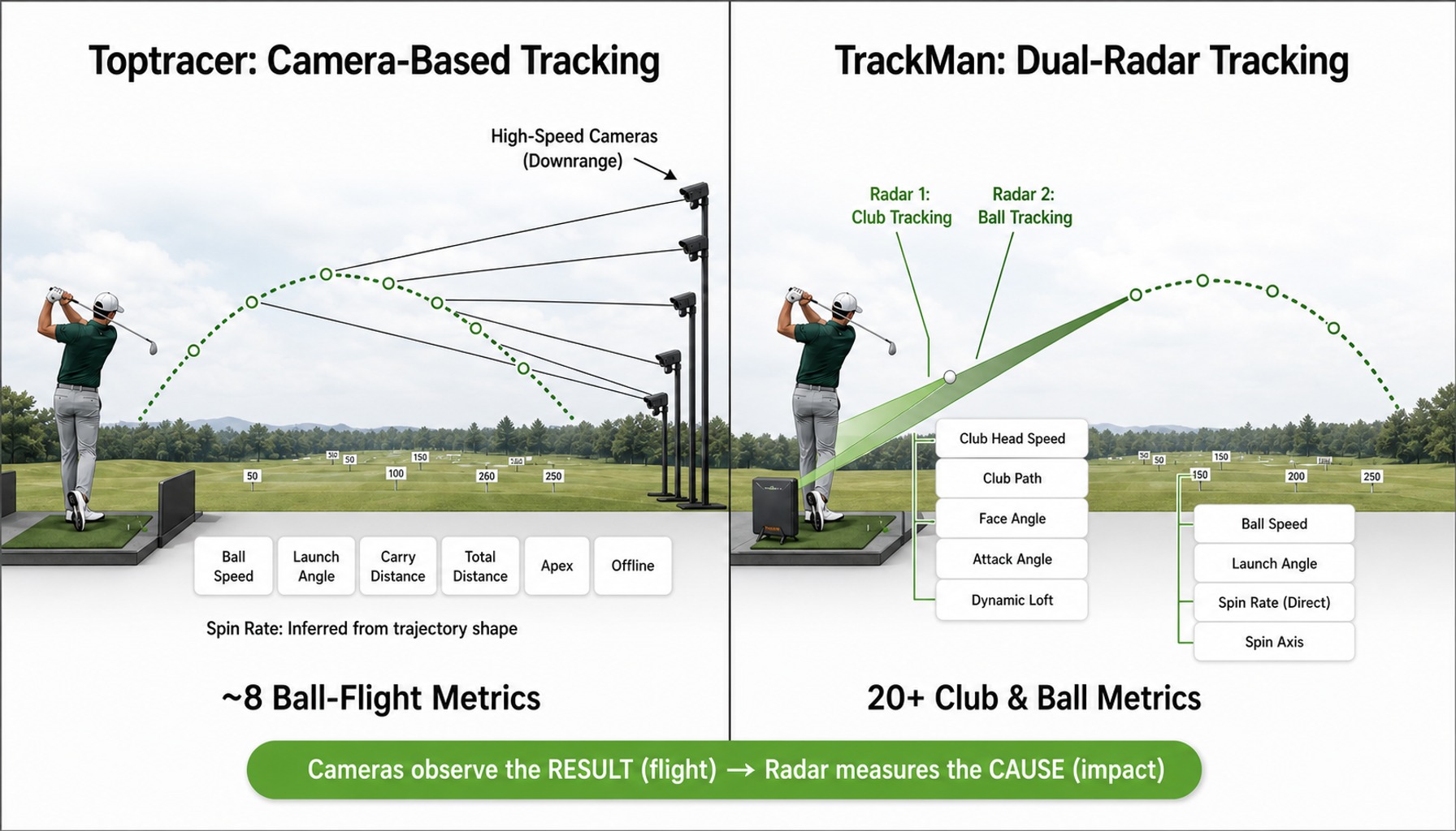 System diagram comparing Toptracer camera tracking vs TrackMan dual-radar tracking architectures