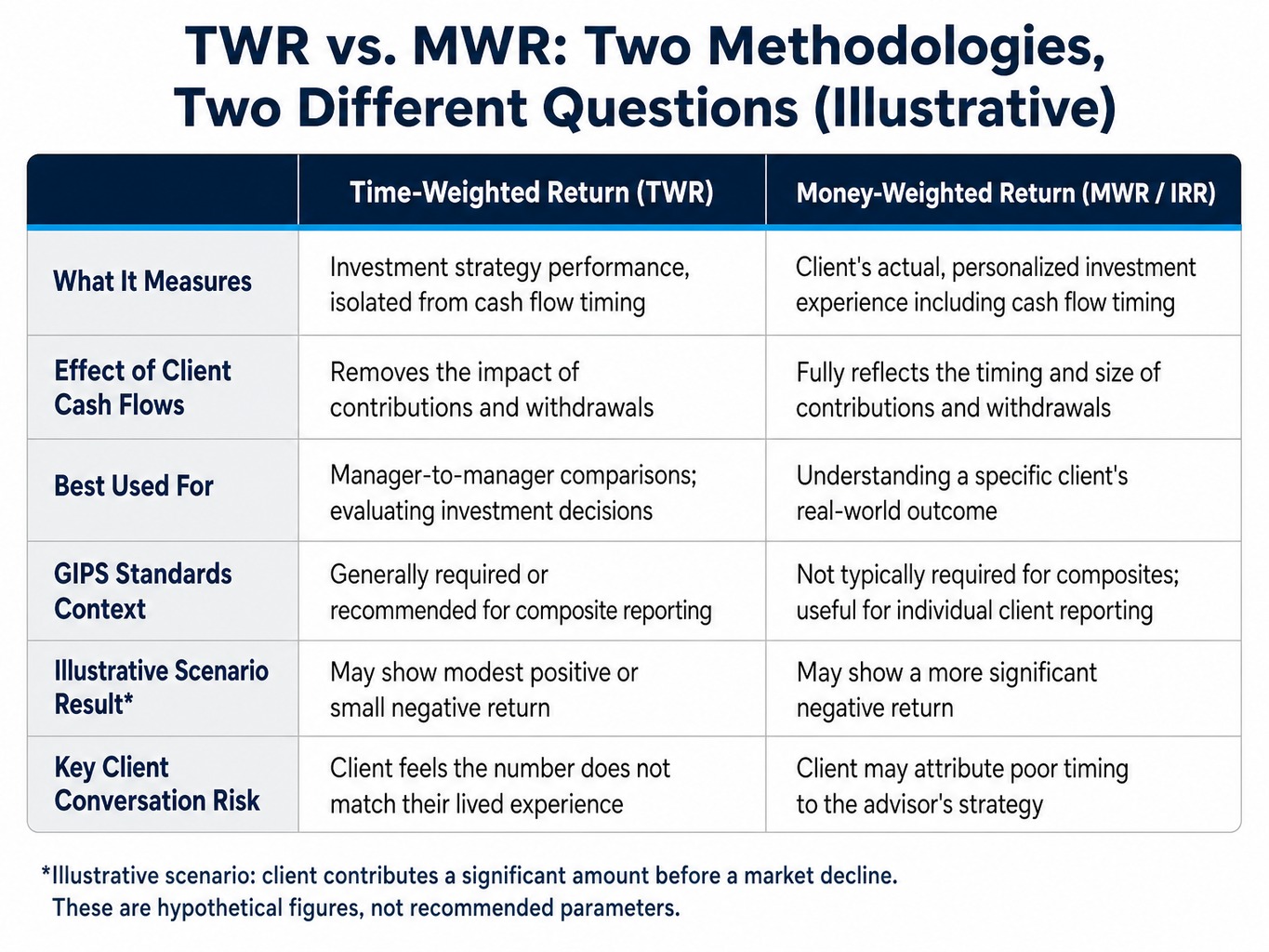 Comparison table of TWR versus MWR return methodologies for investment performance reporting