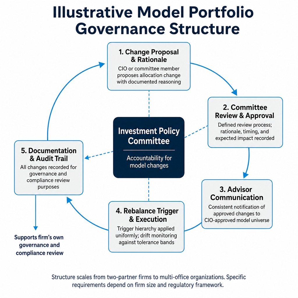 System diagram showing governance structure for model portfolio management at advisory firms