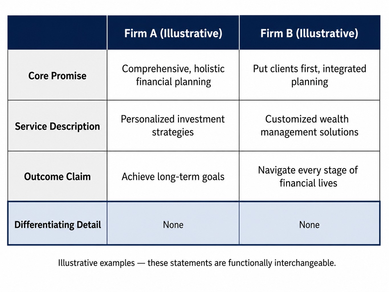 Comparison table showing two illustrative advisor value proposition examples with nearly identical language