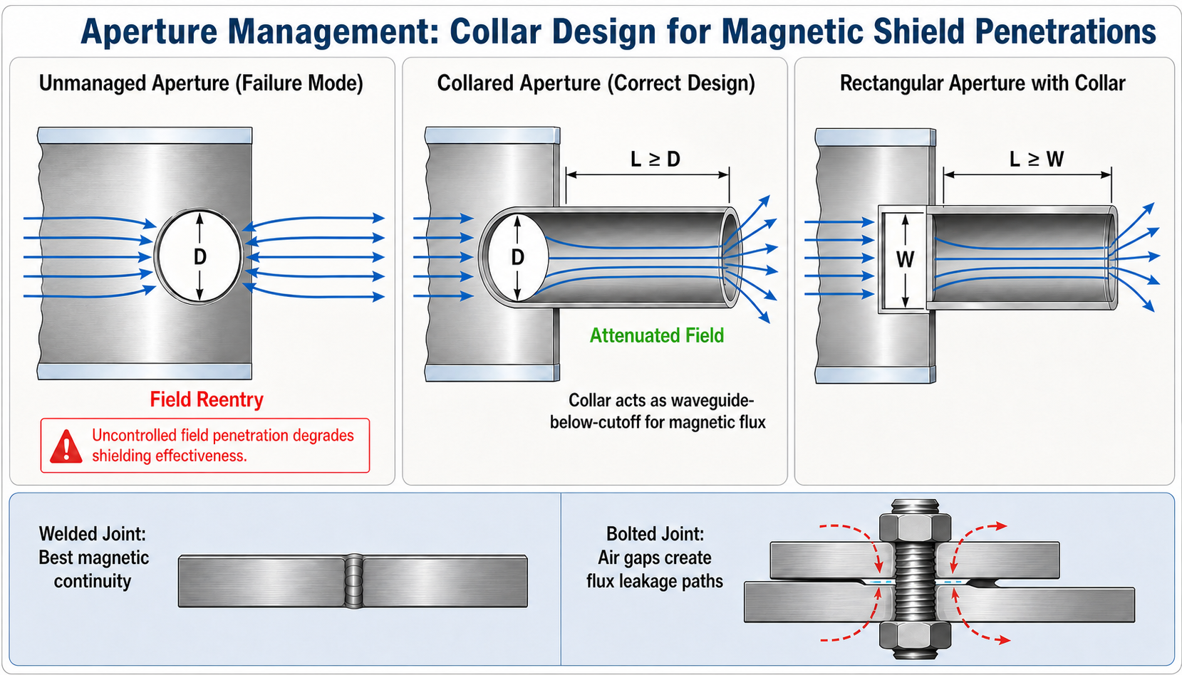 Diagram showing magnetic fields entering an unmanaged aperture but diverted by collars, above welded and bolted joints.